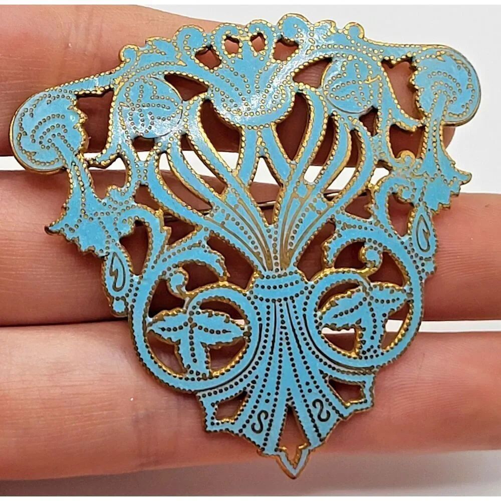 Antique Art Nouveau Brooch Austrian 1895–1910 Filigree Metalwork Blue Enamel